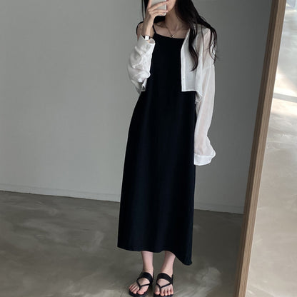 黒 キャミ ワンピース レディース 韓国 ファッション キャミワンピ 肩リボン 夏 ロングワンピース ノースリーブ