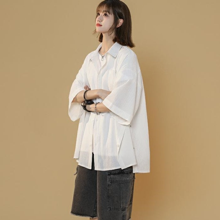 シャツ レディース 韓国 ファッション 半袖 無地 ビッグシャツ メンズライク ストリート オーバーサイズ シャツ