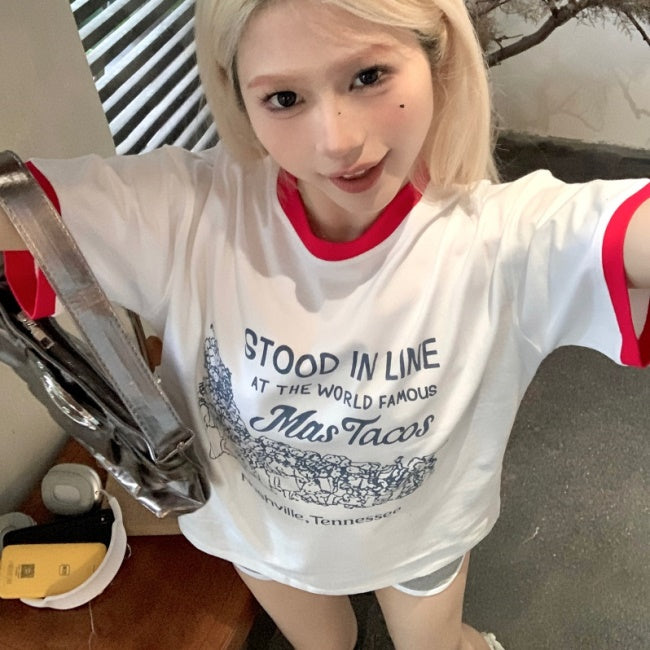 リンガー Ｔシャツ レディース 韓国 ファッション グラフィック tシャツ クルーネック バイカラー 半袖 メッセージＴ