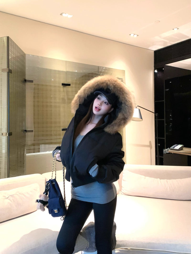 ファーフード ショート パフテック ジャケット 韓国 レトロ  中綿ジャケット 冬用 保温 ジップアップ クロップド丈