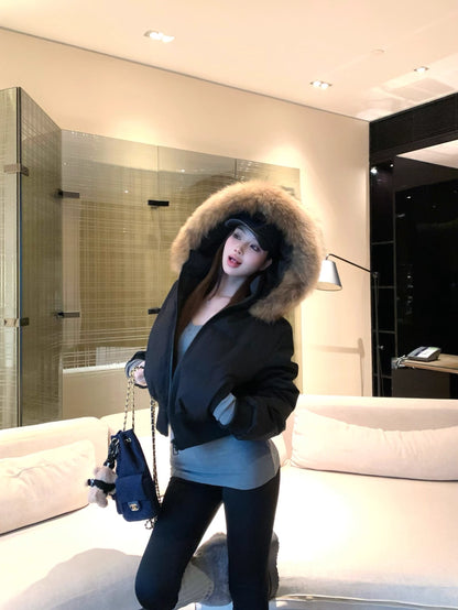 ファーフード ショート パフテック ジャケット 韓国 レトロ  中綿ジャケット 冬用 保温 ジップアップ クロップド丈