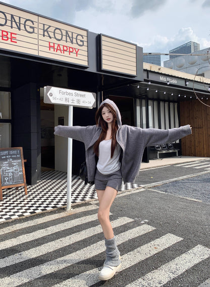 ニット パーカー セットアップ レディース ニット ショートパンツ 上下セット ゆったりフード付き カーディガン ＆ ニットショートパンツ 2点セット