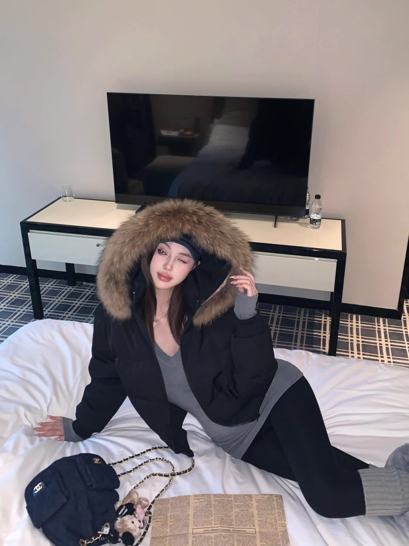 ファーフード ショート パフテック ジャケット 韓国 レトロ  中綿ジャケット 冬用 保温 ジップアップ クロップド丈