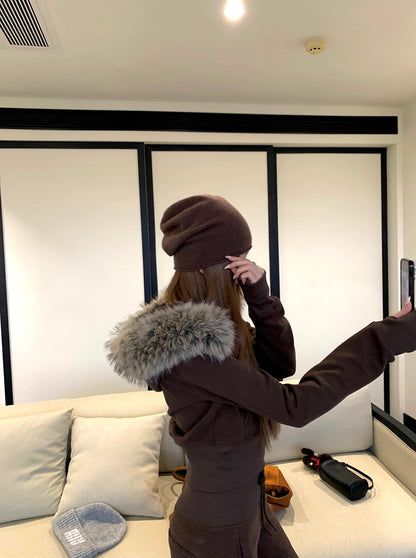 ファーフード ショート パーカー セットアップ レディース 韓国 ファッション ファー襟ジップスウェット×ワイドパンツ 上下セット