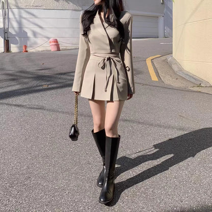 韓国風 ショートジャケット セットアップ レディース プリーツミニスカート 2点セット リボン クロップド JKT