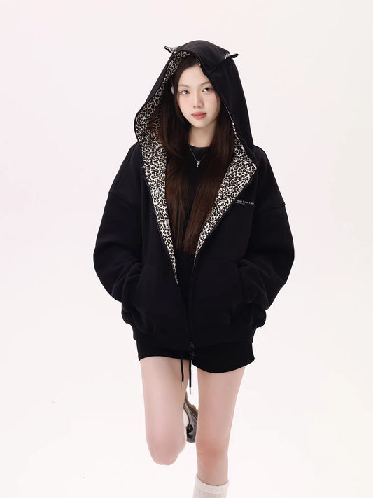 パーカー レディース レオパード フード ジップパーカー オーバーサイズ トップス
