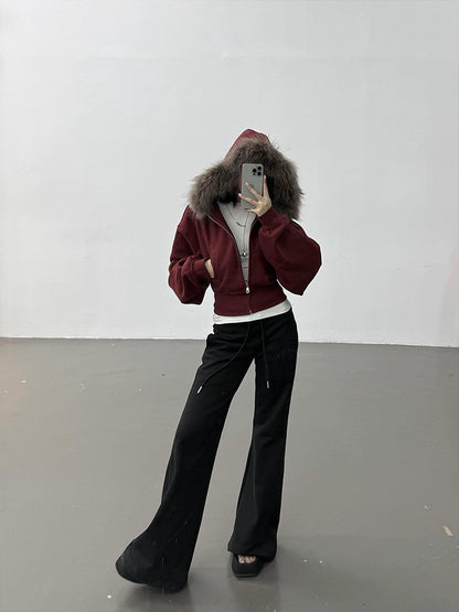 ファーフード ショート パーカー レディース 韓国 ストリート ファッション レッド スウェット フーディ トップス