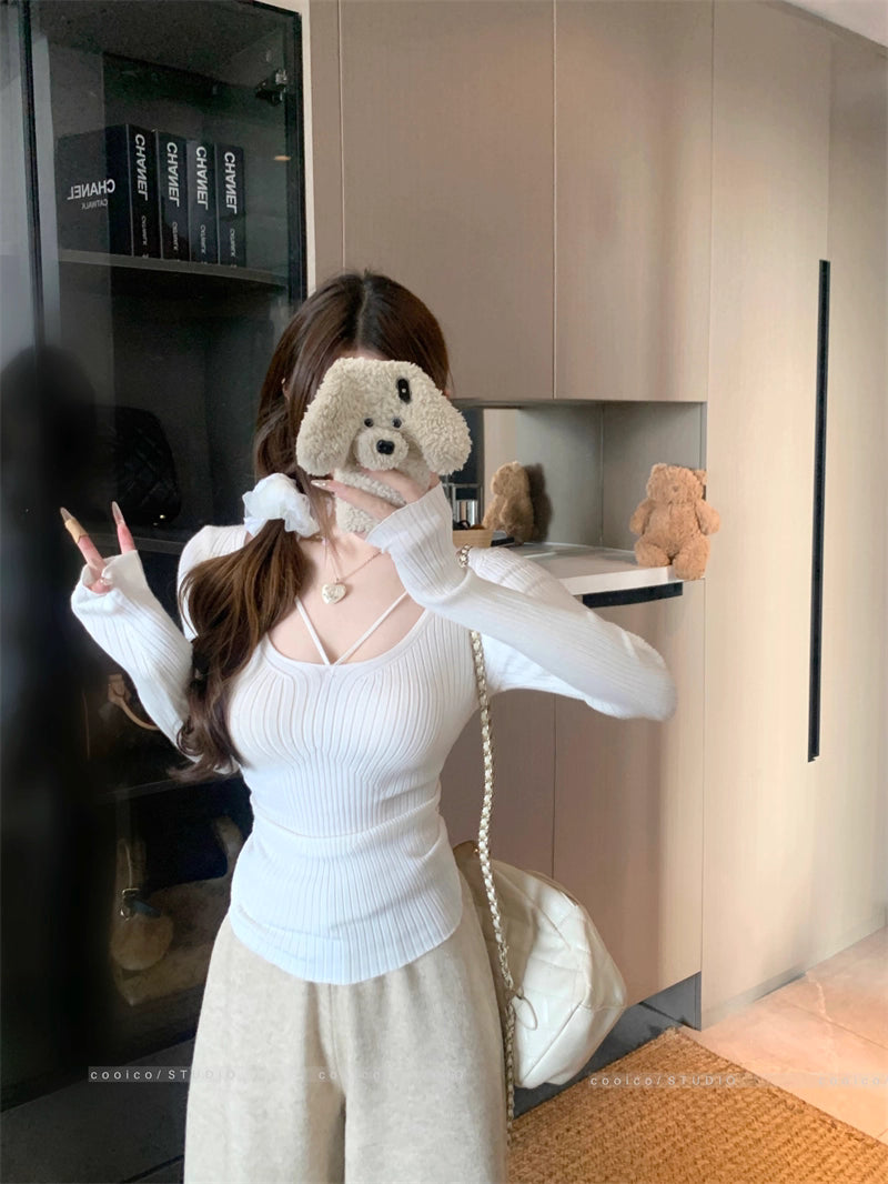 デコルテデザイン リブニット レディース 韓国 ファッション ストレッチ スリムフィット 長袖 ニットトップス