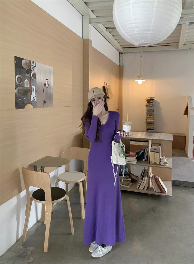 ニット ロングワンピース レディース 春 韓国 ファッション Uネック 細見え Aライン ロングワンピ