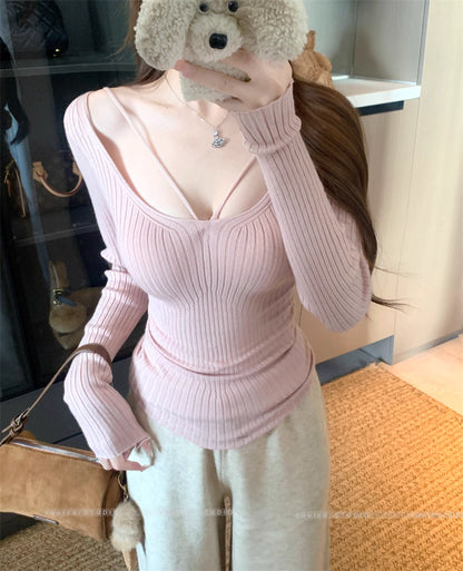 デコルテデザイン リブニット レディース 韓国 ファッション ストレッチ スリムフィット 長袖 ニットトップス