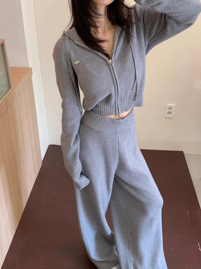 ニット セットアップ クロップド パーカー ワイドパンツ 韓国 ファッション 上下セット ショート丈 フード付きニット