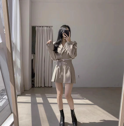 韓国風 ショートジャケット セットアップ レディース プリーツミニスカート 2点セット リボン クロップド JKT