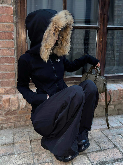 ファーフード ジップ パーカー レディース 韓国 ファッション タイト ストレッチ ロゴパーカー