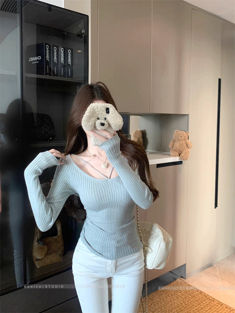 デコルテデザイン リブニット レディース 韓国 ファッション ストレッチ スリムフィット 長袖 ニットトップス