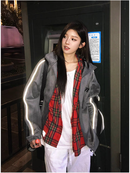 トラック ジャケット 春 ベロア調 ジャージ トップ 韓国 ファッション ストリート ラグランスリーブ オーバーサイズ ブルゾン