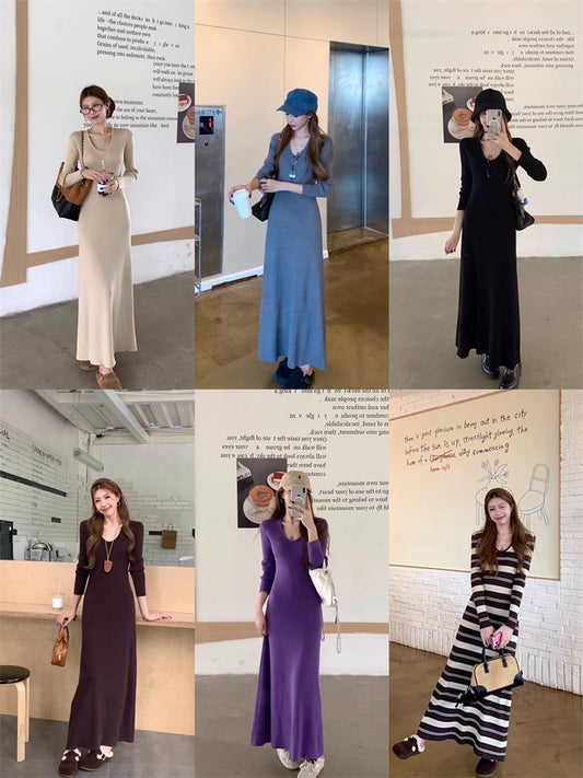 ニット ロングワンピース レディース 春 韓国 ファッション Uネック 細見え Aライン ロングワンピ