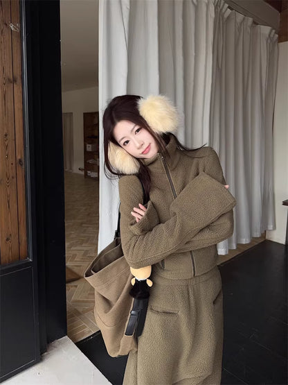 ボア セットアップ レディース 韓国 ファッション クロップド ショート ジャケット ワイドパンツ 上下セット