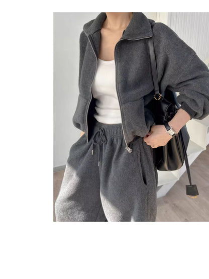 フリース パーカー セットアップ レディース 韓国 ファッション 2025年冬 あったか 上下 ２点 セット スタンドカラー ショート丈 ジップパーカー ドロスト ワイドパンツ