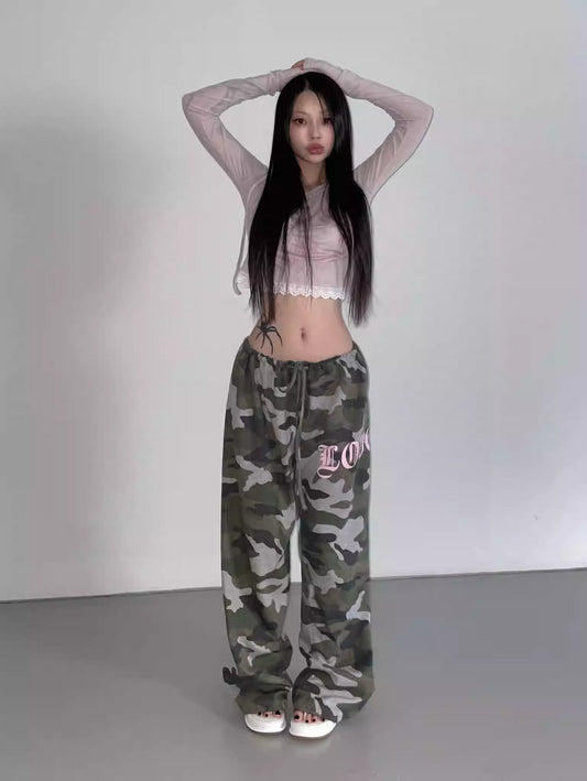 カモフラ スウェット ワイド パンツ 韓国 ファッション ストリートウェア 迷彩 ワイドパンツ Y2K プリント カジュアルパンツ