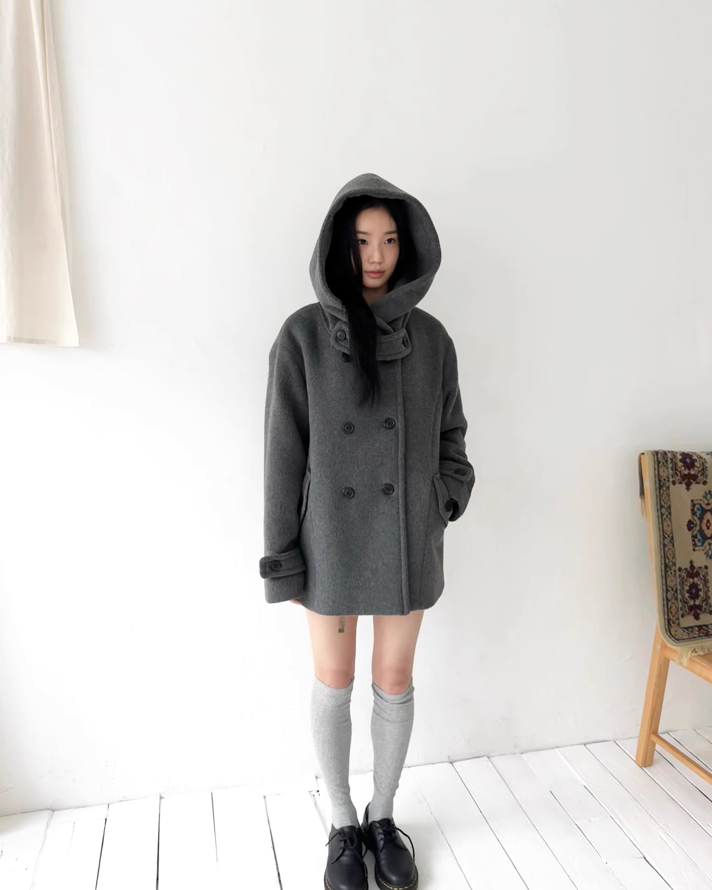 フード付 ミドルコート レディース 韓国ファッション 冬 ダブル Pコート