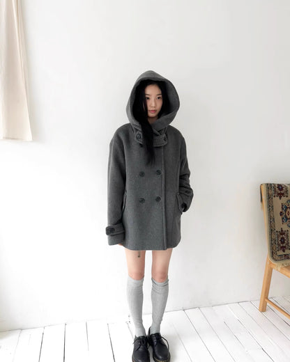 フード付 ミドルコート レディース 韓国ファッション 冬 ダブル Pコート