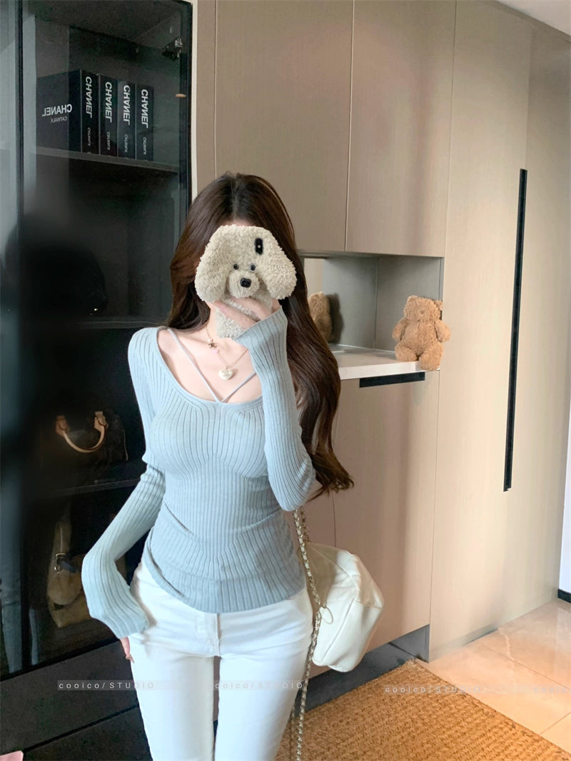 デコルテデザイン リブニット レディース 韓国 ファッション ストレッチ スリムフィット 長袖 ニットトップス