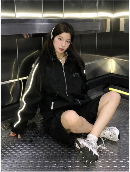 トラック ジャケット 春 ベロア調 ジャージ トップ 韓国 ファッション ストリート ラグランスリーブ オーバーサイズ ブルゾン