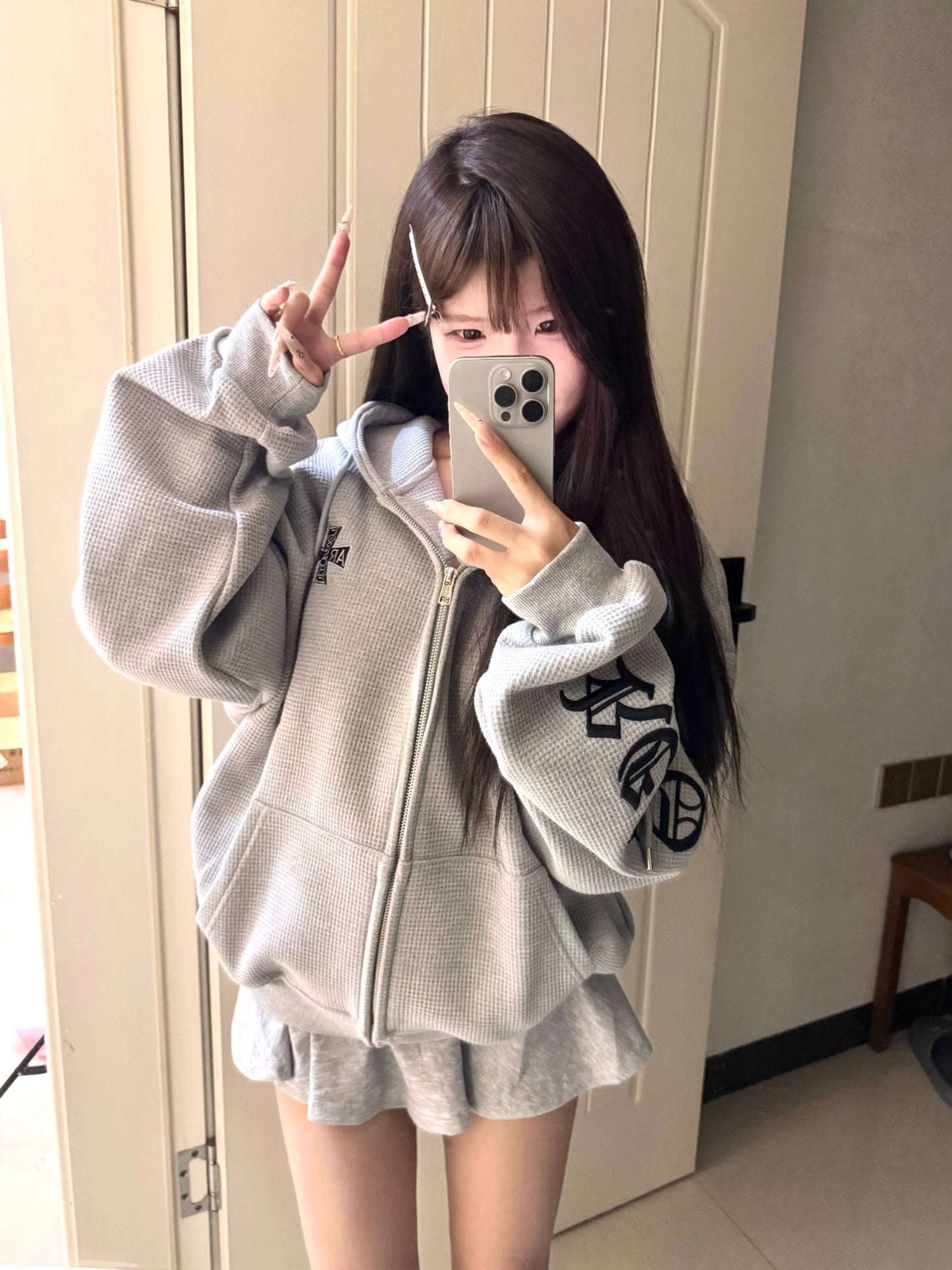 ロゴ ワッフル ジップ パーカー レディース 韓国 ファッション ハイストリート ゴシック ロゴ フード ジップアップパーカー レディース