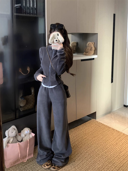 ショートパーカー フリース セットアップ レディース 韓国 ファッション 上下セット クロップド ジップパーカー