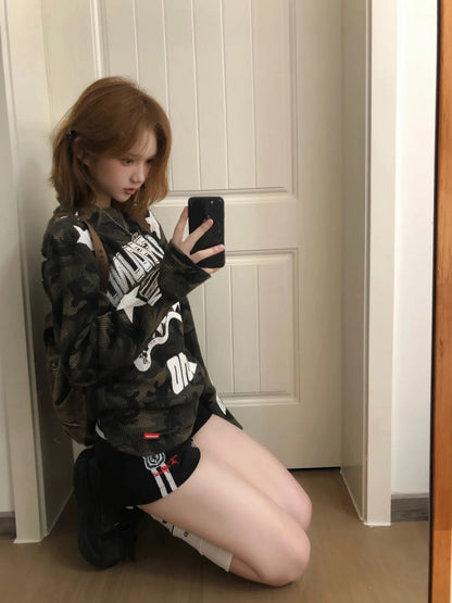 韓国ストリート 星柄 カモフラージュ柄 ワッフル ロングTシャツ レディース オーバーサイズ Y2K