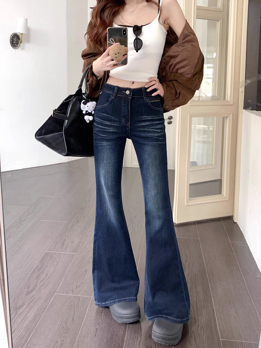 フレア デニムパンツ レディース 韓国 ヴィンテージ ウォッシュ タイトジーンズ