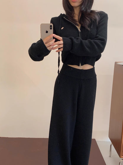ニット セットアップ クロップド パーカー ワイドパンツ 韓国 ファッション 上下セット ショート丈 フード付きニット