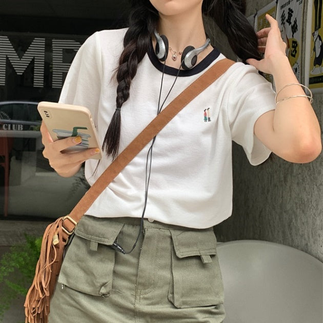 ワンポイント リンガーTシャツ レディース 韓国  シンプル 夏トップス バイカラー パイピング かわいい アクセント