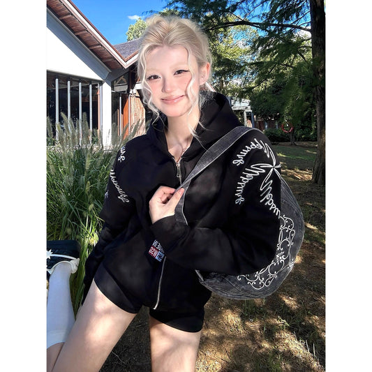 ロゴ デザイン ジップアップ パーカー レディース 韓国 ファッション レトロ レタリング刺繍 ジップスウェット トップス