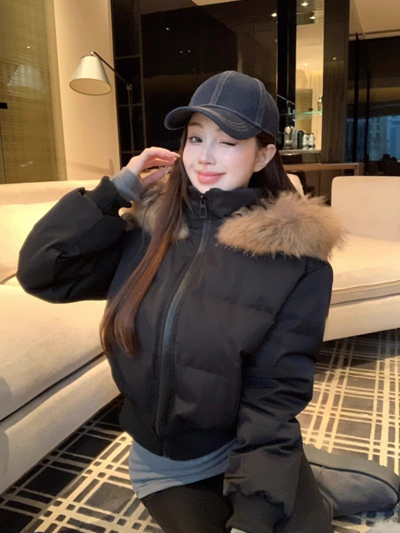 ファーフード ショート パフテック ジャケット 韓国 レトロ  中綿ジャケット 冬用 保温 ジップアップ クロップド丈