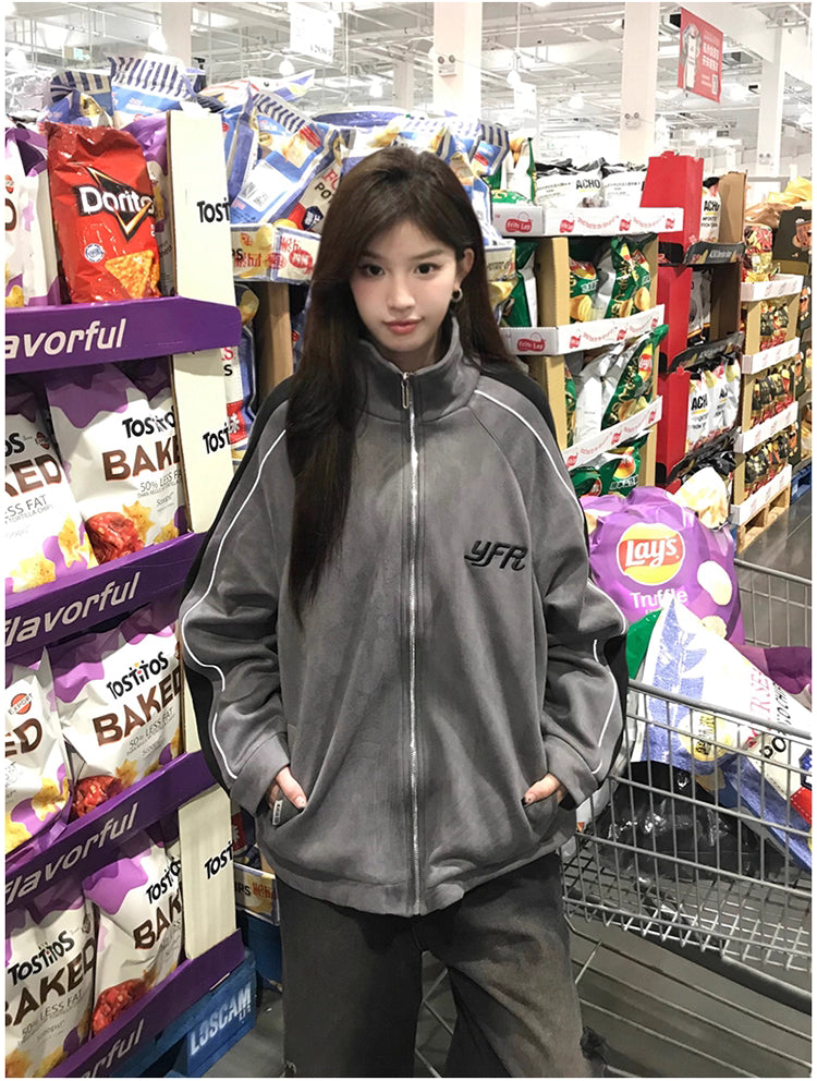 トラック ジャケット 春 ベロア調 ジャージ トップ 韓国 ファッション ストリート ラグランスリーブ オーバーサイズ ブルゾン