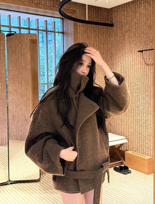 ダブルボタン ショートコート ウエストマーク レディース ウールライク きれいめ コート