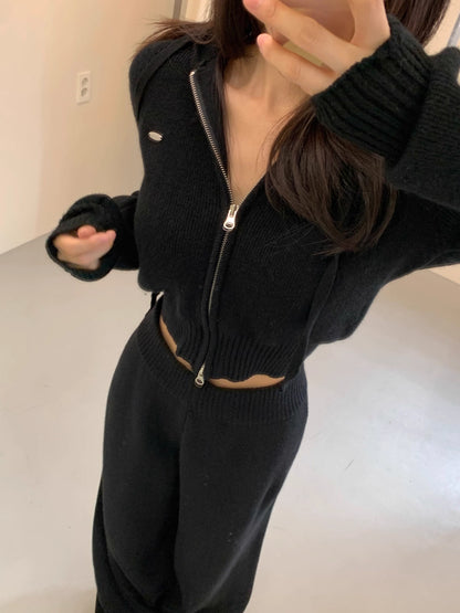 ニット セットアップ クロップド パーカー ワイドパンツ 韓国 ファッション 上下セット ショート丈 フード付きニット