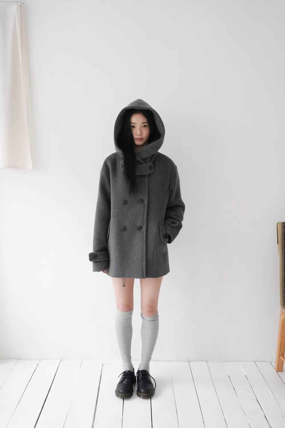 フード付 ミドルコート レディース 韓国ファッション 冬 ダブル Pコート