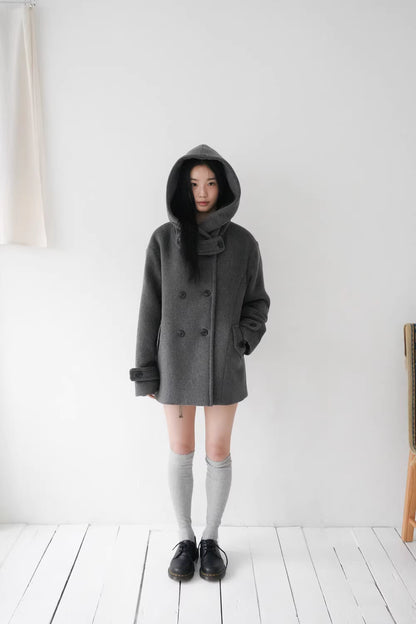 フード付 ミドルコート レディース 韓国ファッション 冬 ダブル Pコート