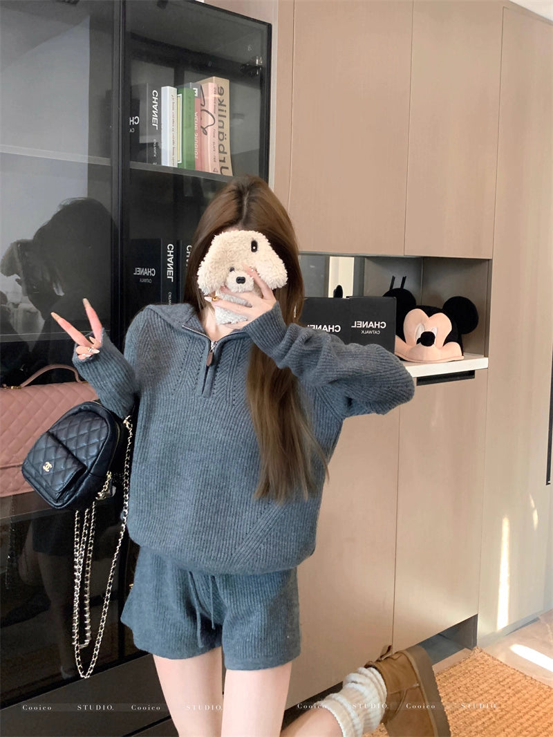 フード ニット セットアップ レディース 韓国 ファッション ニットパーカー ショートパンツ 上下セット