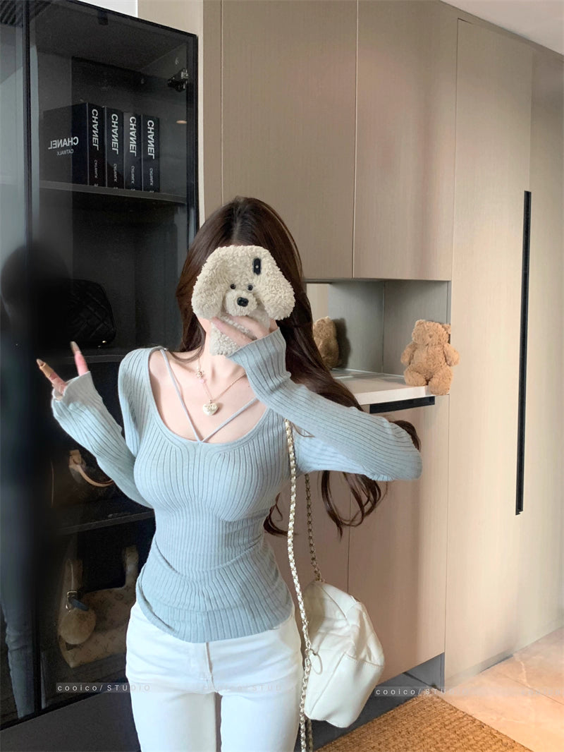 デコルテデザイン リブニット レディース 韓国 ファッション ストレッチ スリムフィット 長袖 ニットトップス