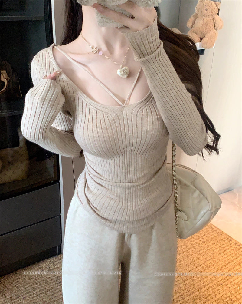 デコルテデザイン リブニット レディース 韓国 ファッション ストレッチ スリムフィット 長袖 ニットトップス
