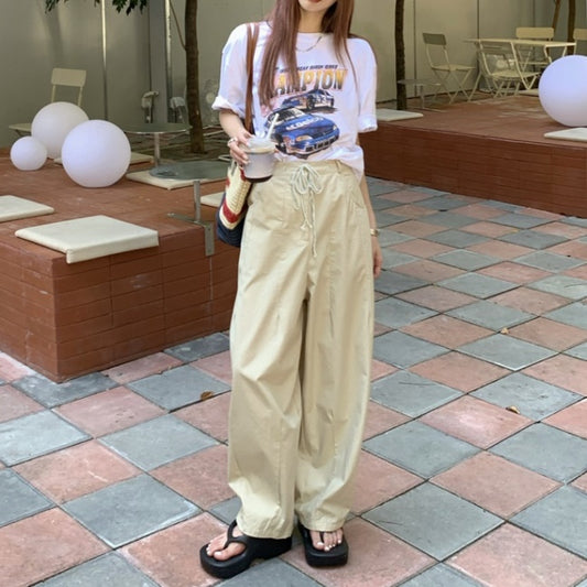 ワイドパンツ レディース 韓国 イージーパンツ 夏服 紐パン シンプル オーバーサイズ パンツ