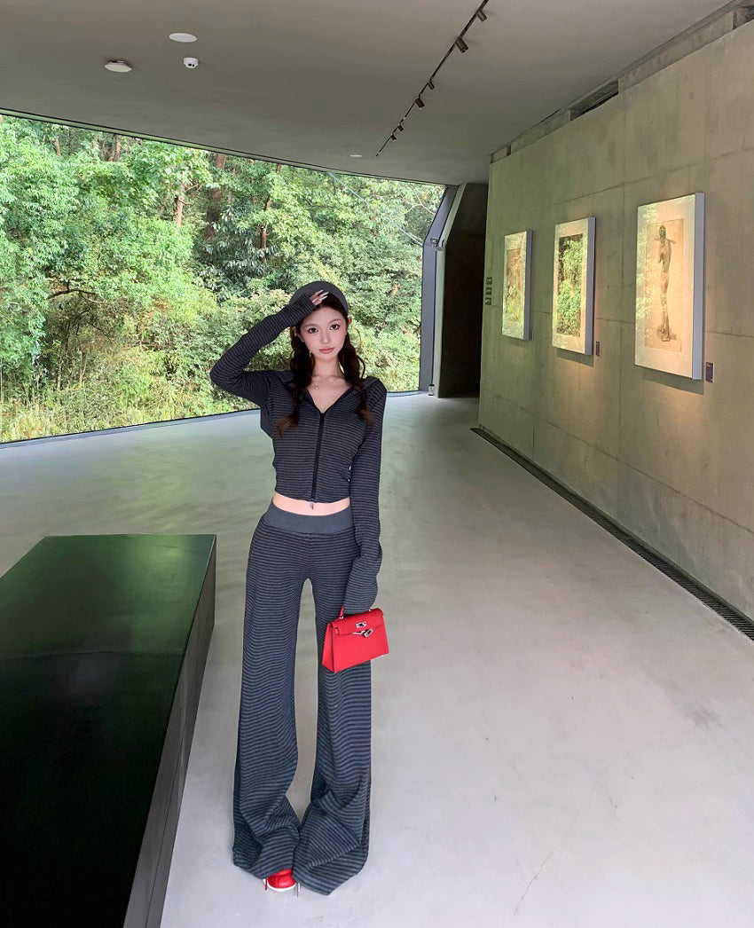 ボーダー ジップパーカー セットアップ レディース リラックス ストレッチ クロップド パーカー ワイドパンツ スウェット 上下セット