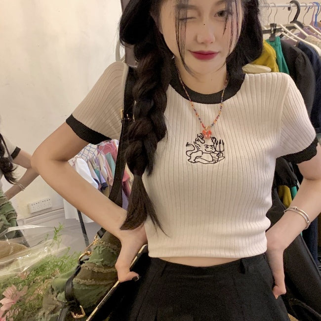 リブ リンガー Ｔシャツ レディース 韓国 ファッション 夏 バイカラー デビル 小悪魔 キャラ  かわいい 韓国Tシャツ
