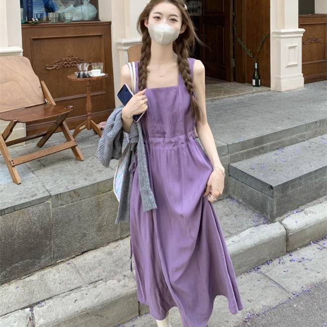ノースリーブワンピース  韓国 ファッション レディース スクエアネック パープル フレア ロングワンピース