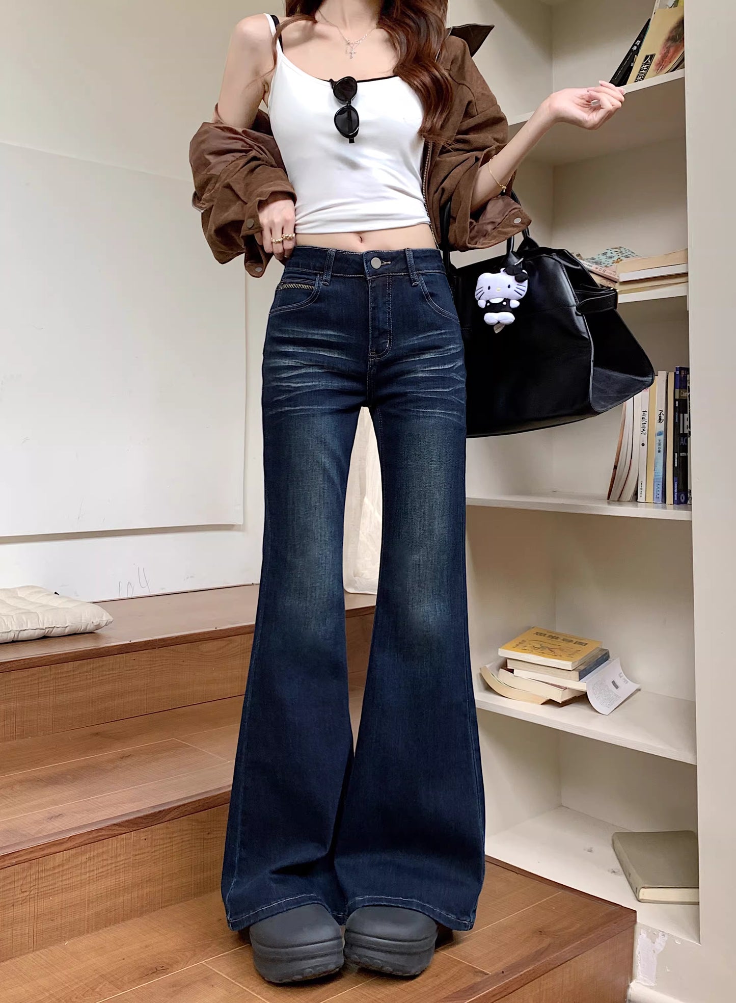フレア デニムパンツ レディース 韓国 ヴィンテージ ウォッシュ タイトジーンズ