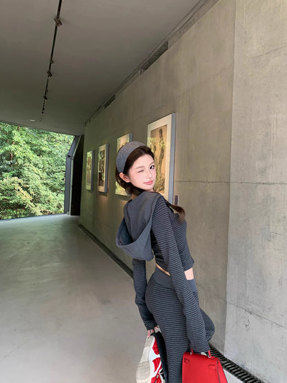 ボーダー ジップパーカー セットアップ レディース リラックス ストレッチ クロップド パーカー ワイドパンツ スウェット 上下セット