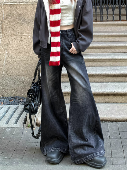 フレア ワイド ブラック デニムパンツ 韓国 ファッション レトロ ヴィンテージ加工 ブラック ジーンズ 秋冬  ゆったり 脚長シルエット